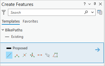 Proposed type selected under BikePaths in the Create Features pane