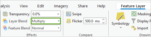 Multiply for Layer Blend in the Effects group on the Feature Layer tab