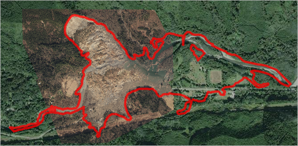 Map showing the impact boundary with a red outline