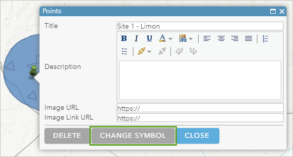 Change Symbol button on the Map Notes pop-up for the Site 1 - Limon point