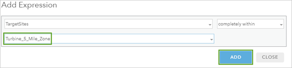Expression set to find TargetSites completely within Turbine 5 Mile Zone.