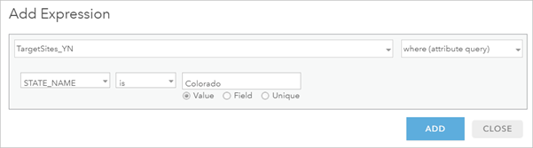 Expression set to TargetSites where STATE_NAME is Colorado.