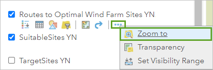 Zoom to the Routes to Optimal Wind Farm Sites layer.