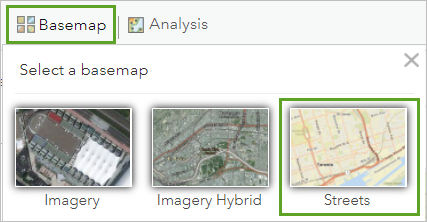 Streets basemap on the Basemap menu