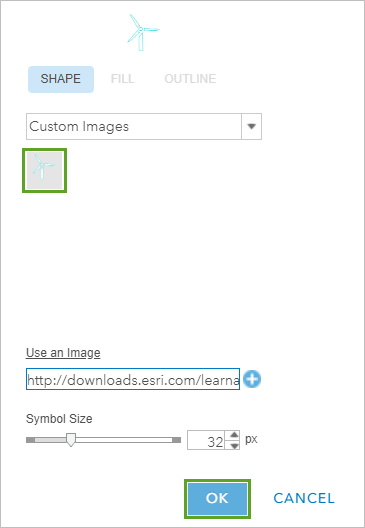Custom windmill image selected in the symbol style window.