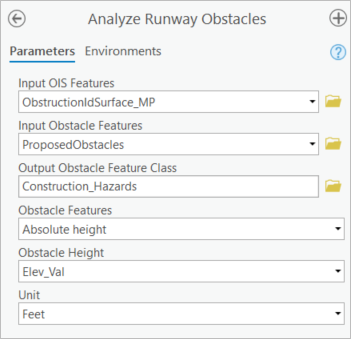 Analyze Runway Obstacles tool pane with parameters entered