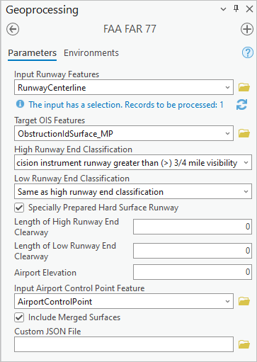 Parameters for the FAA FAR 77 tool