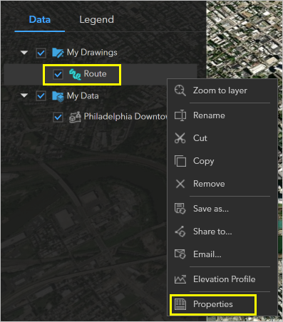Properties in the menu for the Route layer