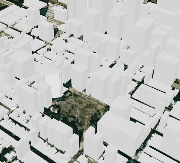 Tilted view of Rittenhouse Square with 3D buildings