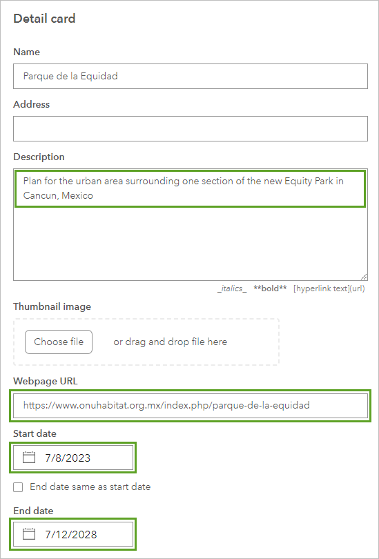 Detail card settings