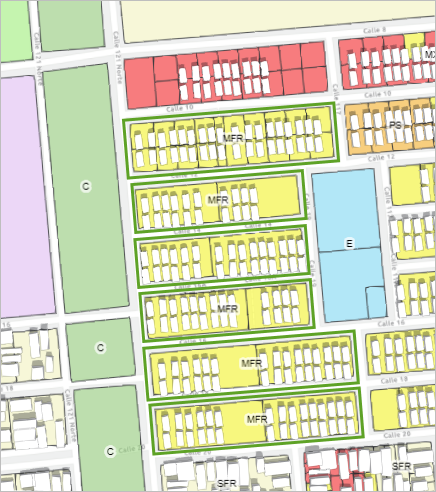 Six polygons selected along the east side of the park