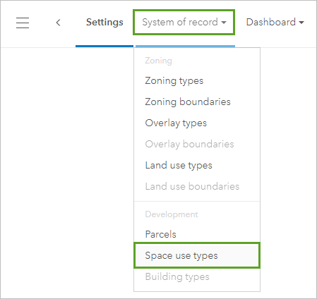 Space Use Types in the Types menu