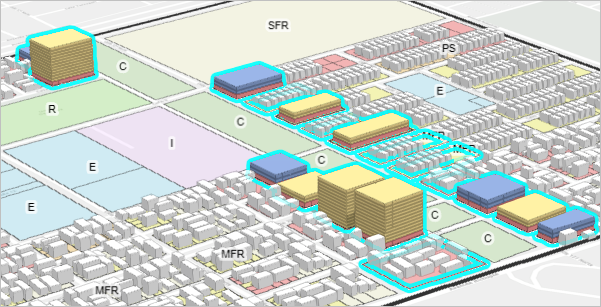 3D building forms in selected parcels