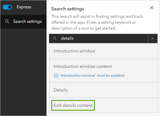 Search settings window with results for details