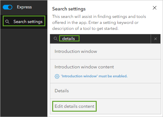 Search settings window with results for details