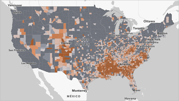 Map styled to emphasize high values