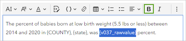 Text for attribute % Low birthweight is bolded