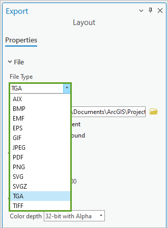 List of export types for a layout