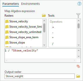 Parameters for the Raster Calculator tool