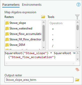 Parameters for the Raster Calculator tool