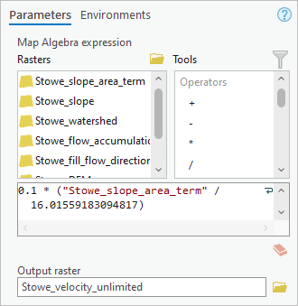 Parameters for the Raster Calculator tool