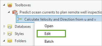 Edit for the Calculate Velocity and Direction from u and v model in the Catalog pane