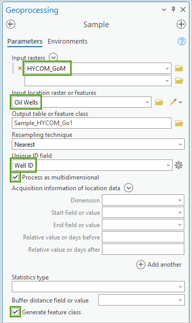 Sample tool parameters