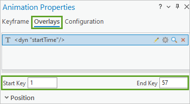 Start Key and End Key set in the Overlays tab in the Animation Properties tab