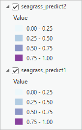 The two seagrass prediction layers are turned on in the Contents pane.