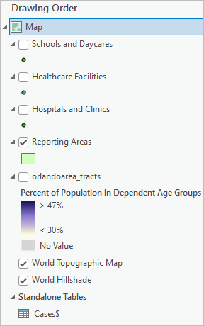 Reporting Areas and basemap layers turned on in the Contents pane