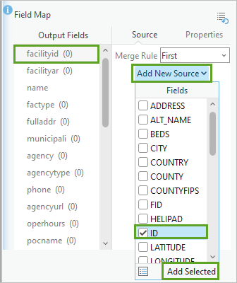 Output field facilityid mapped to the field ID in the Append tool pane