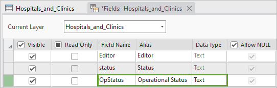 New field entered in the Fields View for OpStatus