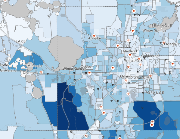 Symbols for health-care related locations are styled and visible on the map.