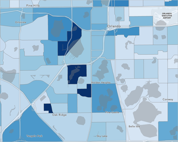 Map zoomed into Orlando showing case rate data
