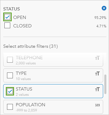 STATUS and OPEN checked in the Filters pane