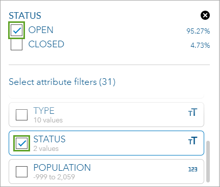 STATUS and OPEN checked in the Filters pane