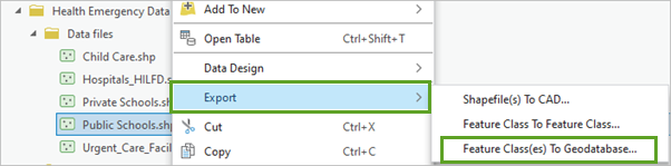 Feature Class(es) To Geodatabase in the Export menu for the Public Schools shapefile in the Catalog pane