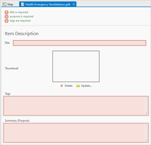 Metadata view for the Health Emergency Geodatabase