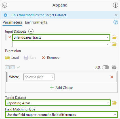 Append tool set with parameters for appending orlandoarea_tracts to Reporting Areas