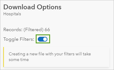 Toggle Filters turned on in the Download Options pane