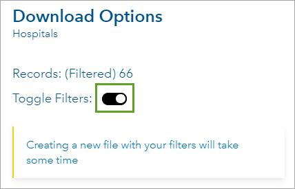 Toggle Filters turned on in the Download Options pane