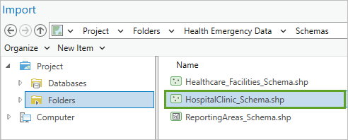 HospitalClinic_Schema.shp selected in the Import window