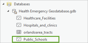 Public_Schools feature class added to the geodatabase in the Catalog pane