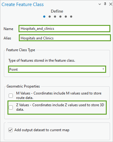 Define page parameters entered in the Create Feature Class pane