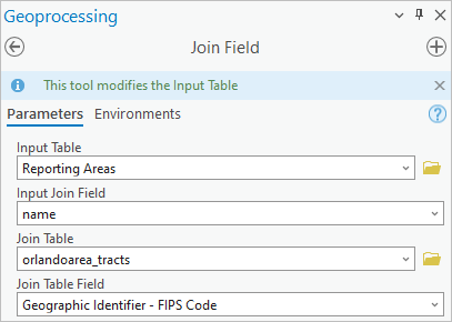 Parameters entered to join the demographic data to the Report Areas feature class