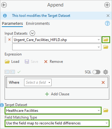 Parameters to append data from the Urgent_Care_Facilities_HIFLD layer to the Healthcare Facilities layer