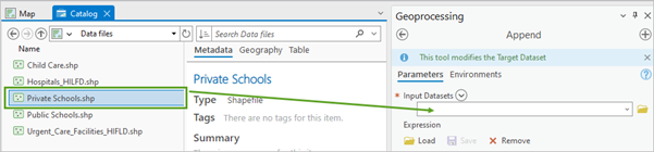 Drag the Private Schools shapefile in the Catalog view to the Input Datasets parameter in the Append tool pane.