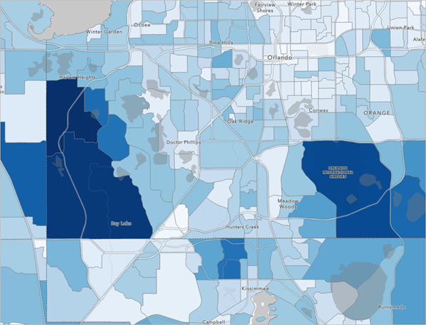 Map zoomed to the center of Orlando where there are a few tracts with a large number of positive cases