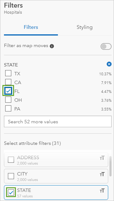STATE and FL checked in the Filters pane