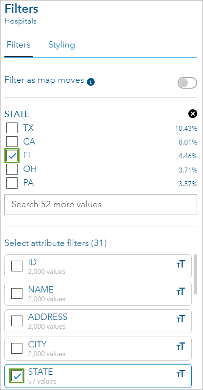 STATE and FL checked in the Filters pane